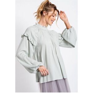 🕝 NWT Easel | Textured Crêpe Loose Fit Ruffle Lace Blouse | Muted Sage | S
